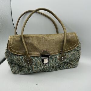 Helen Welsh Italy Tweed Leather Handbag Blue Brown Satchel Purse Wool Blend